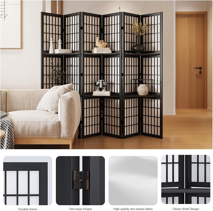 Room Divider with Shelves, 66.9-Inch Tall Japanese Shoji Style Wood Screen with - Image 2