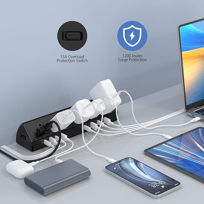 Desk Clamp Power Strip 65W Fast Charging Station,4 PD USB-C,5 Outlets,Nightstand Desk Edge Mount Tower Surge Protector,15 Amp Heavy Duty Power Strip,Fits 1.96" Tabletop Edge (Black, 6 FT Cable)