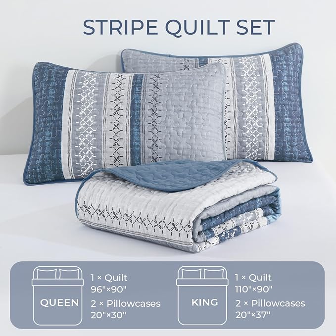 Cottolester Mineral Blue King Quilt Set, Boho Striped Bedspread Coverlet Set | - Image 7