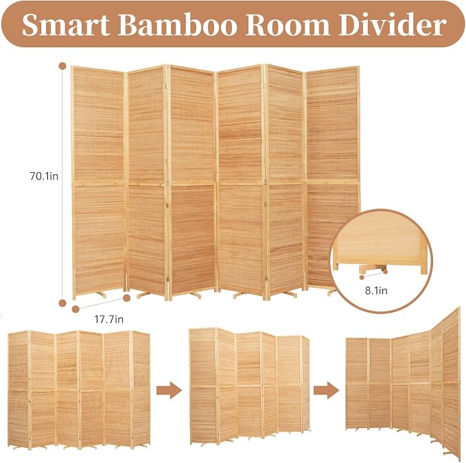 Room Divider Folding Privacy Screens, Hand-Made Natural Bamboo Room Dividers | - Image 4