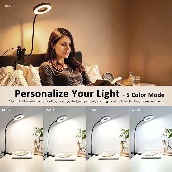 Akynite Desk Lamp Clip on Light, 48 LED Clamp Lamp, 5 Color 10 Brightness | USB - Image 2