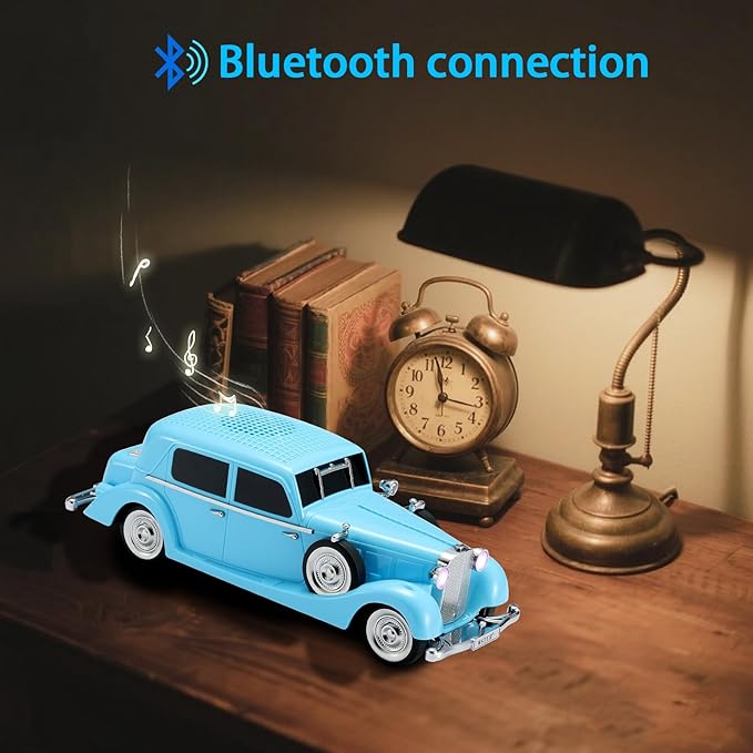 WSTER WS-1934 Retro Classic Car Bluetooth Replica Speaker – Wireless HD Sound with FM Radio,TWS Stereo,LED Party Lights,Built-in Microphone Hands-Free Call, Surprise Portable Gift for Party Use(Blue)