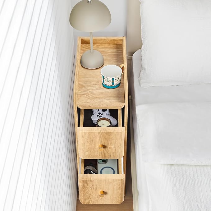 Narrow Nightstand Set of 2, Wooden Small 2 Drawer Nightstand, Slim Side End - Image 6
