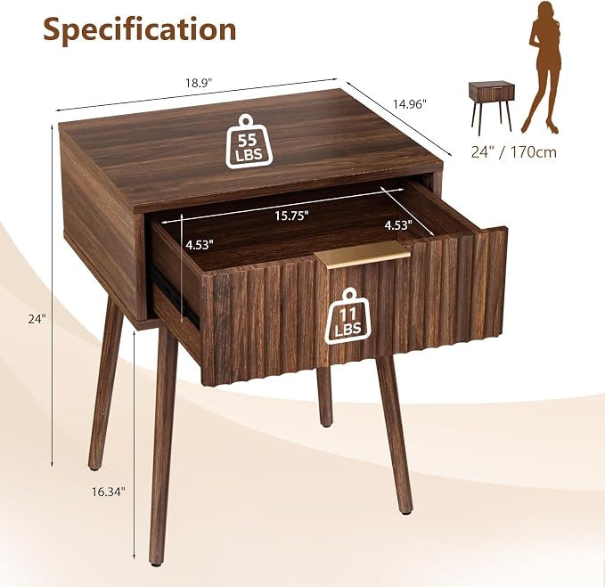 VINGLI Nightstands Set of 2, Fluted Night Stand - Image 2