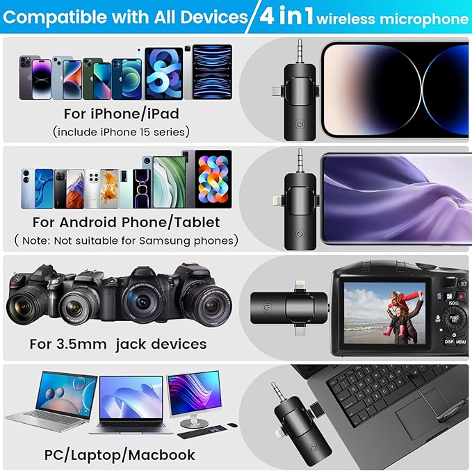 4 in 1 Wireless Lavalier Microphone for iPhone/USB C Android/Camera/Laptop PC,Mini Microphone 2.4G Ultra-Low Delay with Noise Reduction Cordless Lapel Mics for Video Recording, Vlog, YouTube, TikTok