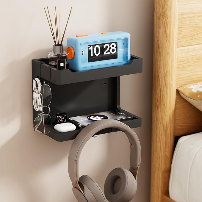 NiHome Bedside Wall Shelf Organizer, Wood 2-Tier Floating Nightstand, 4 DIY - Image 2