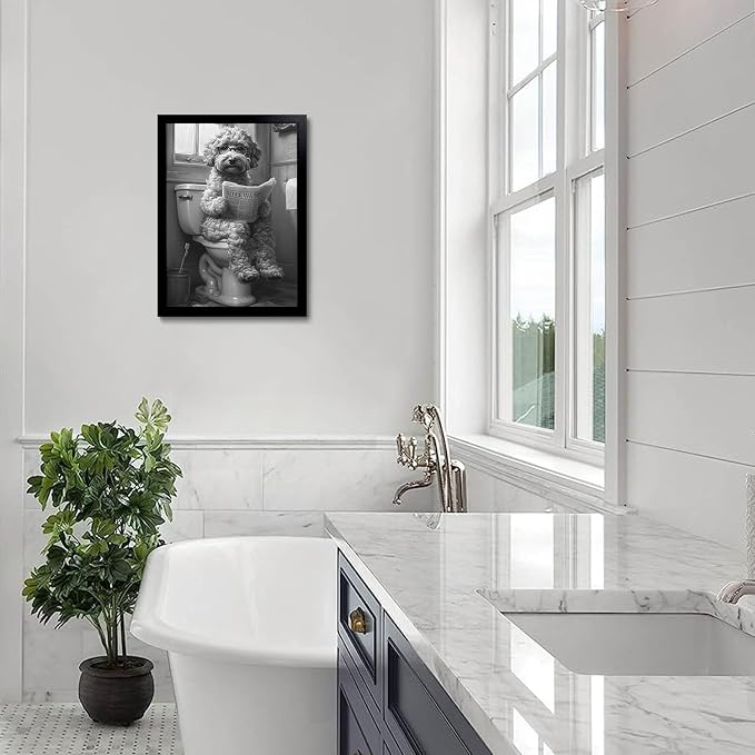 OIQArtOIQ Funny Bathroom Canvas Wall Art Black and White Wall Art Teddy Dog On - Image 4