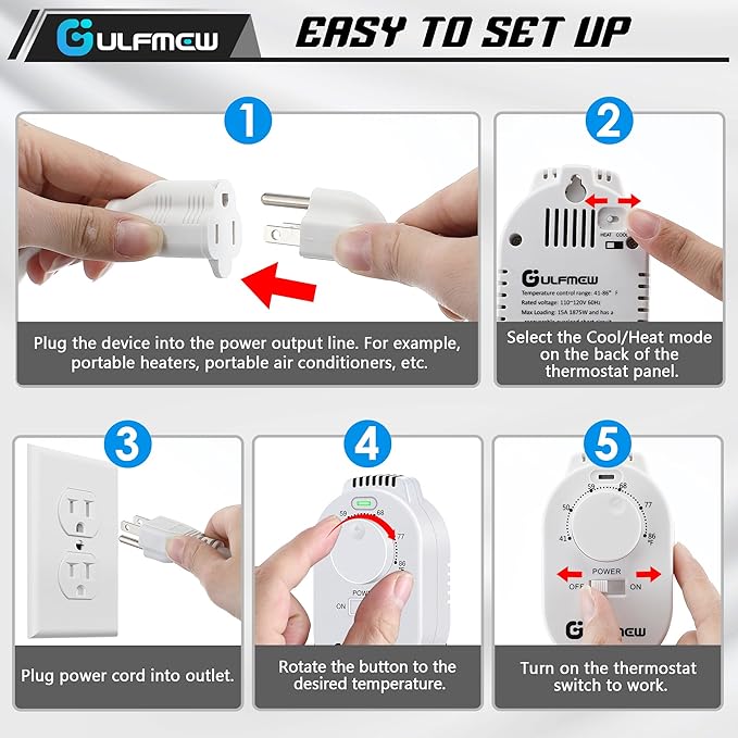 Plug in Thermostat for Heater, Thermostat Plug Outlet with 4.9FT Power Cord, Heating and Cooling Thermostats Outlet with Temperature Probe for Space Heater, Greenhouse Fan(White,1 Pcs)