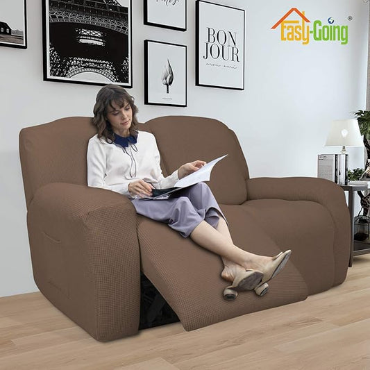 Easy-Going 6 Pieces Recliner Loveseat Stretch Sofa Slipcover Sofa Cover Furniture Protector Couch Soft with Elastic Bottom Kids, Spandex Jacquard Fabric Small Checks Brown
