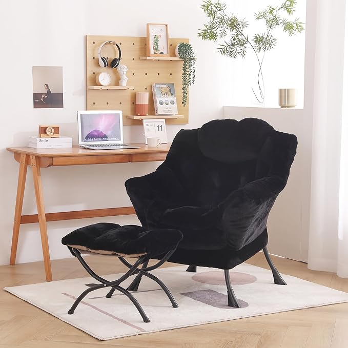 Lazy Chair with Ottoman, Comfy Accent Reading Chair, Plush Black | Foldable - Image 2