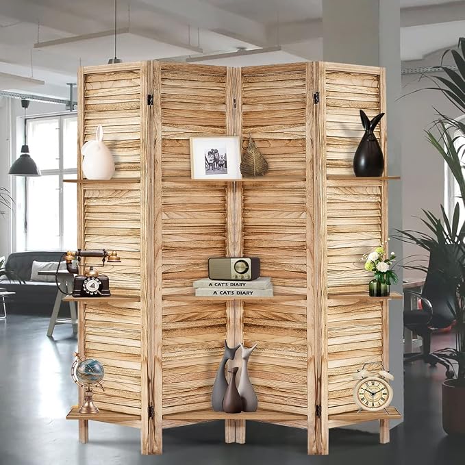 Room Divider with Shelves, 4 Panel Natural Privacy Screen | Partition Room - Image 8