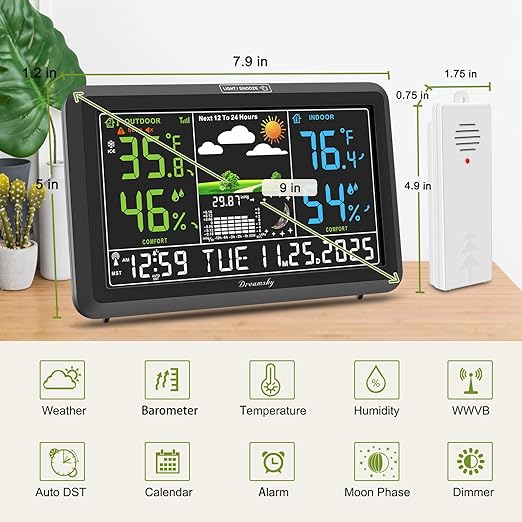 DreamSky Weather Station Indoor Outdoor Thermometer Wireless with Digital Atomic Clock for Home, Large Display with Dimmer, USB, Inside Outside Temperature Humidity Monitor (Adapter Powered)-2 Sensor