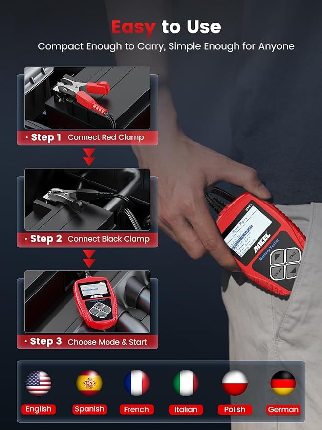 ANCEL BA101 Car Battery Tester, 12V Digital Automotive Alternator Meter Diagnostic Tool,100-2000 CCA Load Capacity, Charging & Cranking Analyzer for Truck, Boat, RV, Marine Vehicle, and More