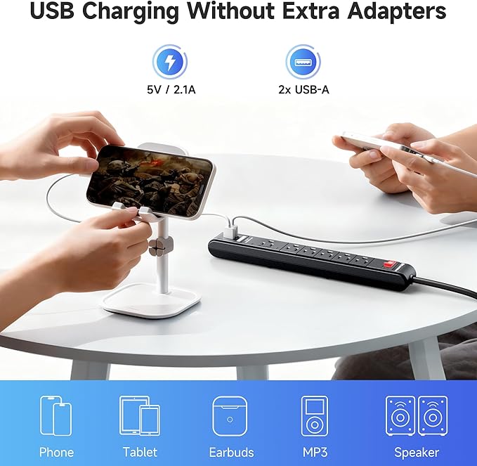 [ETL Listed] Cable Matters 2-Pack 6-Outlet Surge Protector Power Strip with USB Ports - 8ft, Long Extension Cord, Surge Protector with USB Ports, Black