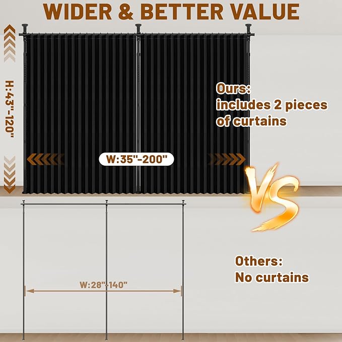 AJAZZ Room Divider Curtain+ Tension Curtain Rod No Drilling 43-120× 35-200 in - Image 2