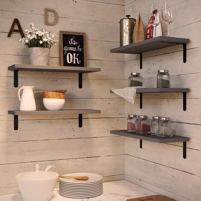 RICHER HOUSE Rustic Wood Floating Shelves Set of 5, Wall Mounted Shelf 16in | - Image 6
