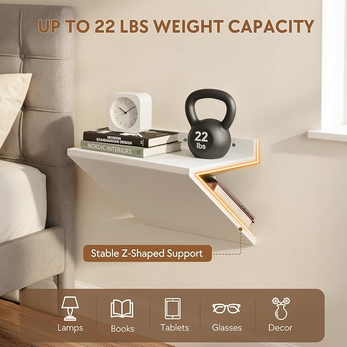 Floating Nightstand Set of 2 White Wood Bedside Table Wall Mounted | Z-Shape - Image 4