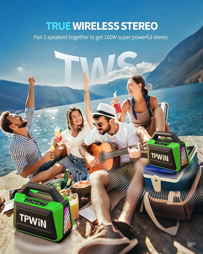 TPWIN Bluetooth Speaker - 80W Loud Rugged Outdoor Speakers, IPX6 Waterproof, 20H Playtime, Deep Bass, Lightshow, TWS, BT 5.3 Wireless, Portable for Travel Hiking Camping Beach Pool - Green