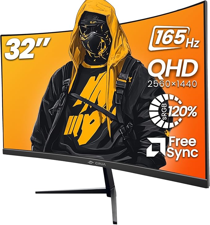 CRUA 32" Curved Gaming Monitor, 2K QHD 2560x1440P, 144Hz/165Hz Computer Monitors, 120% sRGB, FreeSync, Low Blue Light, 1800R VA Screen, HDMI 1.4/DP 1.2, Wall Mountable - Black