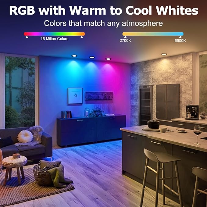 LightingWill 2 Inch LED Recessed Lighting, Smart WiFi LED Downlight, 5W Ceiling Light Compatible with Alexa/Google Assistant, Dimmable RGB & 2700K-6500K, 120V with Driver, Black Trim (1 Pack)