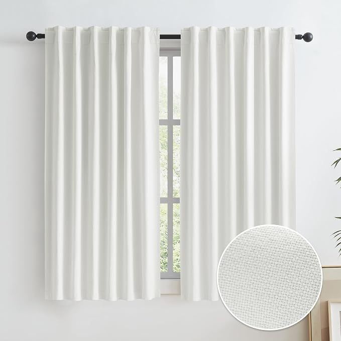 Cream Color Blackout Curtains for Bedroom 63 Inch, 100% Blackout Linen Curtains by KEQIAOSUOCAI
