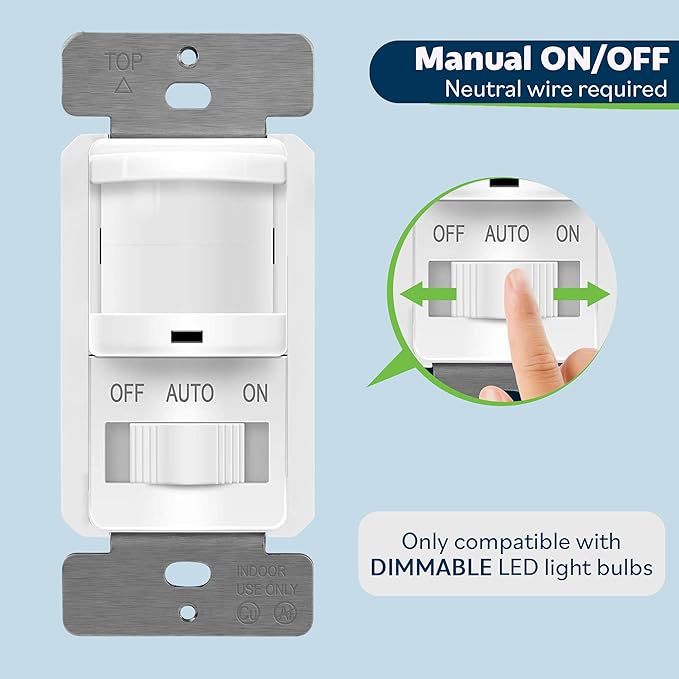 TOPGREENER in-Wall PIR Motion Sensor Light Switch, Motion Sensor Switch, Occupancy Sensor Switch, On/Off Override, 4A, 500W, Single Pole, 𝐍𝐞𝐞𝐝 𝐍𝐞𝐮𝐭𝐫𝐚𝐥 𝐖𝐢𝐫𝐞, TSOS5, White, 4 Pack