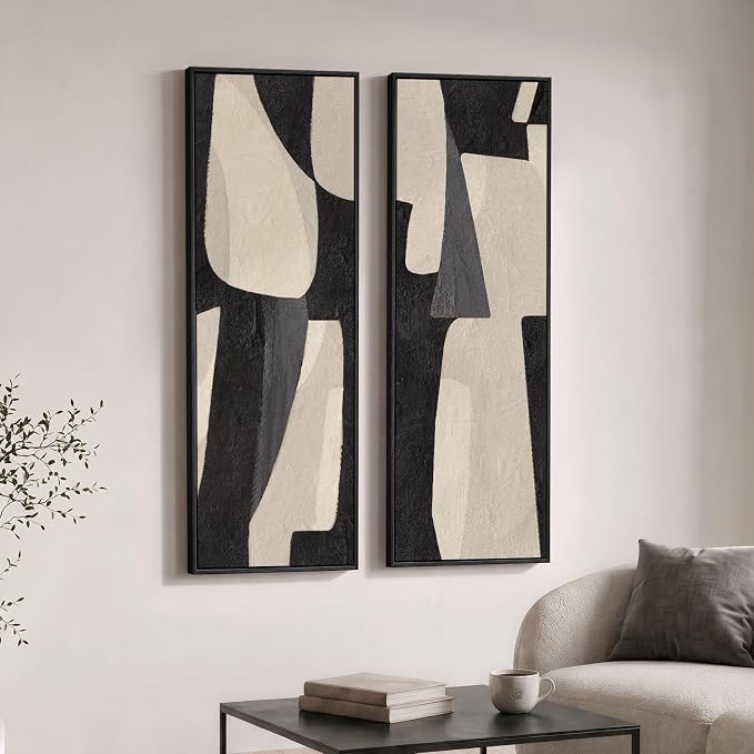 Framed Black Beige Abstract Long Vertical Wall Art by Cuspin