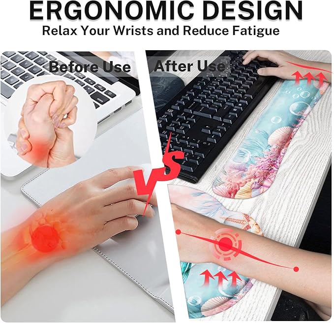 Britimes Pink Cute Deep Sea Mermaid Keyboard Mouse Pad Set 4in1 Large Mousepad+Keyboard Wrist Rest+Mouse Wrist Rest+Coaster Set with Ergonomic Design for Home Office Computer 35.4x15.7 inches