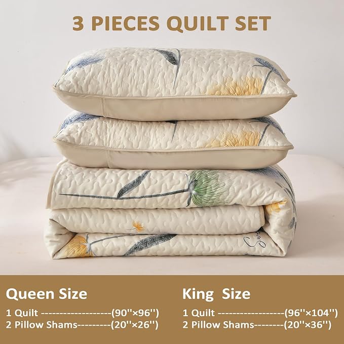 Dinjoy Beige Quilt Set Queen, 3 Piece Colorful Floral Printed Bedspread Set | - Image 5