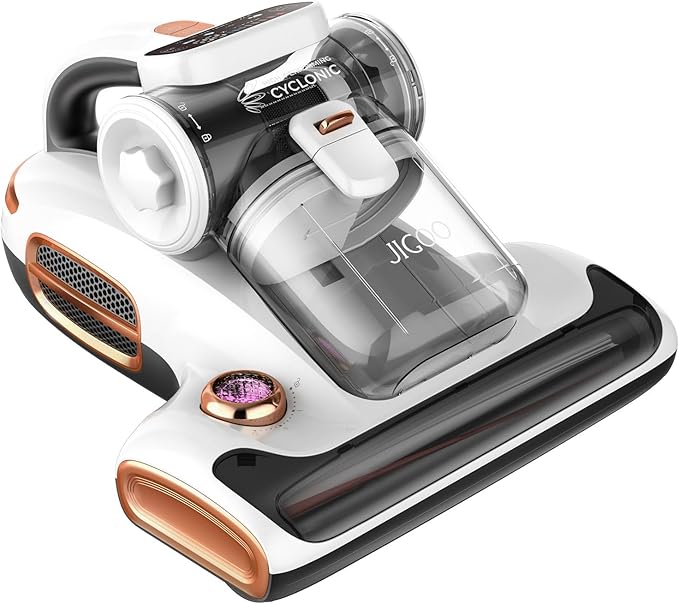 JIGOO T600 Mattress Vacuum Cleaner with UV-C Light, 15Kpa Suction 700W Powerful Double-Cup Handheld Vacuums, Bed Cleaner with Smart Dust Sensor, Ultrasonic, Heating Tech, MIF Filter, White