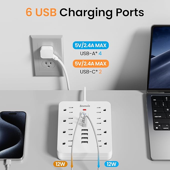 Bawmwim Surge Protector Power Strip - 8 Outlets(1250W/10A) 4 USB A（2 USB C, 10FT Flat Plug Extension Cord, Wall Mount Multi Plug Outlet Extender, ETL Listed for Home, Dorm Room