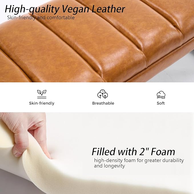 46" Faux Leather Bench for Bedroom End of Bed Window, Camel Brown | Tufted - Image 7