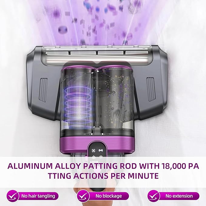 BESTING Mattress Vacuum Cordless with 16Kpa Suction & HEPA Dust Cups, 253.7nm UV-C Light & Ultrasonic, Low Noise Widened Suction Port Handheld Vacuum for Bed Pillows Couch Car Seat Rugs, Gray Purple