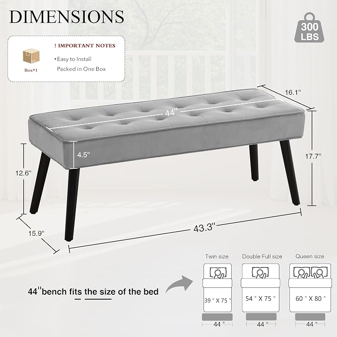 LOULENS Entryway Bench, Light Grey | Wood Legs, Button Tufted, Upholstered Bench - Image 2