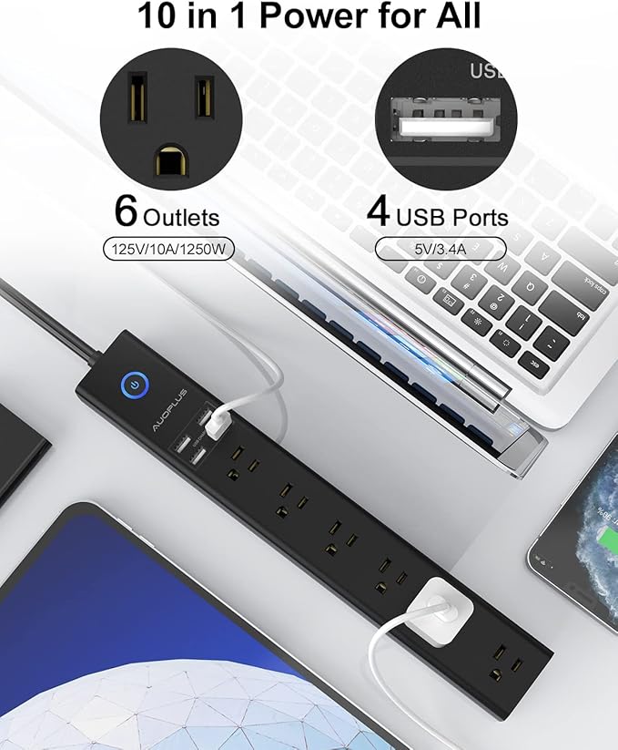 2 Pack Power Strip Surge Protector - AUOPLUS 6 Outlets 4 USB Ports 6Ft Long Extension Cords, Flat Plug Overload Protection, 2100 Joules, Wall Mount for Home, Office and Dorm Essential, ETL Listed