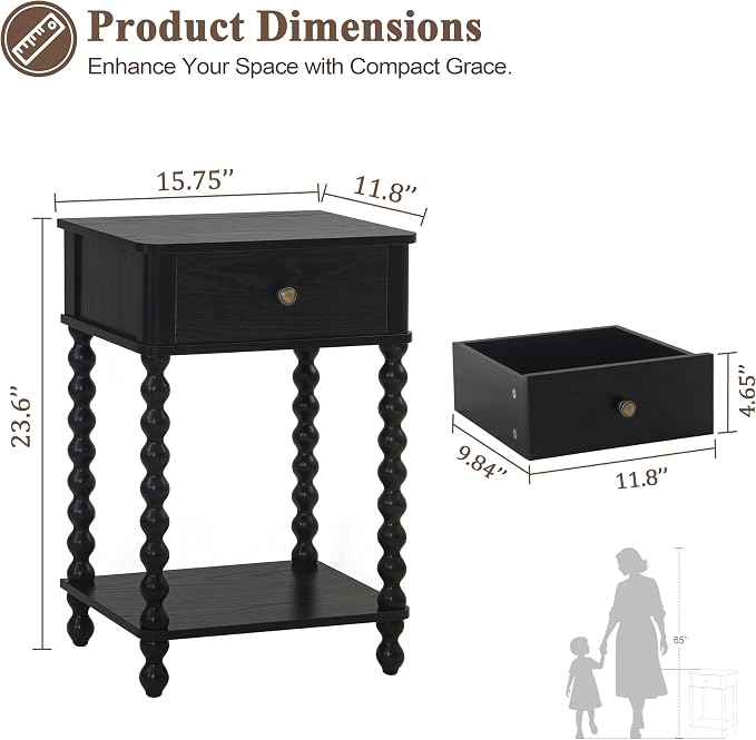 AWASEN Black Nightstand, Bedroom Side Table - Image 3