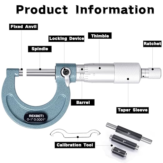 REXBETI 4Pcs Outside Micrometer Set, 0-4" Machinist Micrometer, Ultra-Precision Carbide Tipped Measuring Tool Set, 0.001" Graduation, +/-0.0001" Accuracy, Protective Case