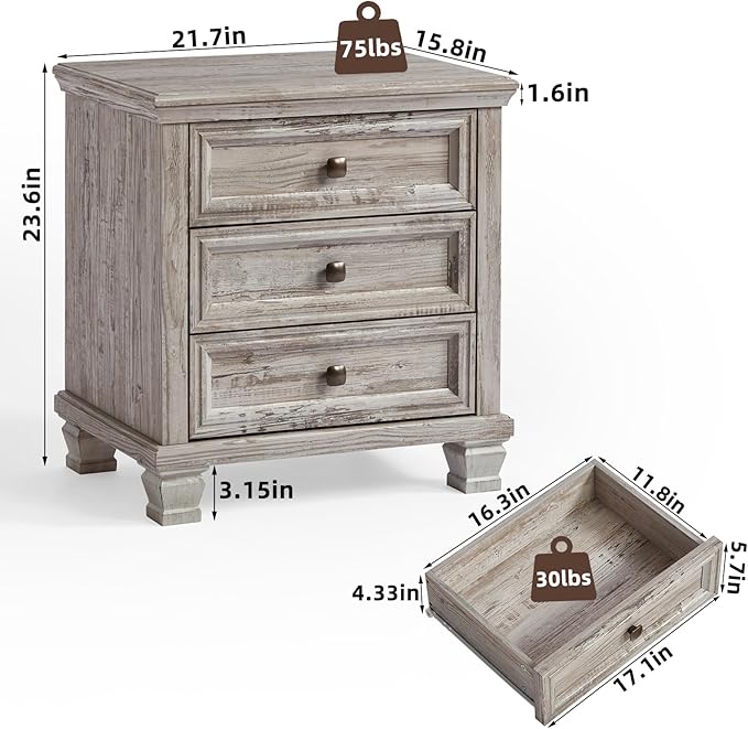 Farmhouse Nightstand with 3 Drawers, Rustic Couch End Table with 4 Square Solid Wood Legs, Mid-Century Vintage Bed Side Table with Storage, Small Dresser for Bedroom, Living Room, Grey