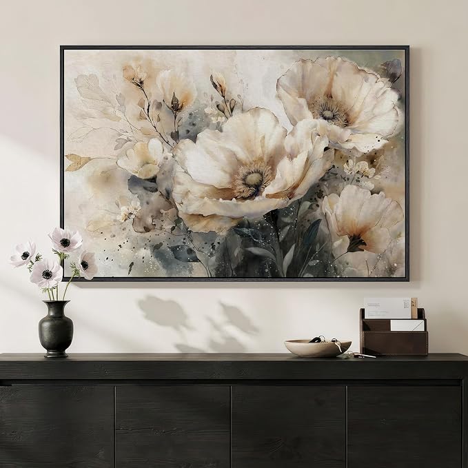 Framed Neutral Floral Wall Art, Botanical Flower Canvas Painting Prints by Cuspin