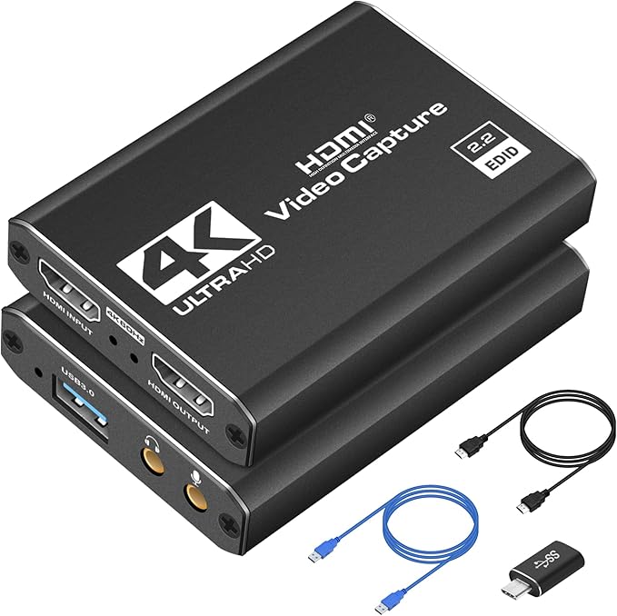4K HDMI Capture Card USB 3.0 – 1080P 60FPS Gaming & Streaming Video Capture Card with HDMI Loop-Out, Plug & Play, Low-Latency Recording for PS5/PS4/Xbox/Switch/OBS/PC/Mac