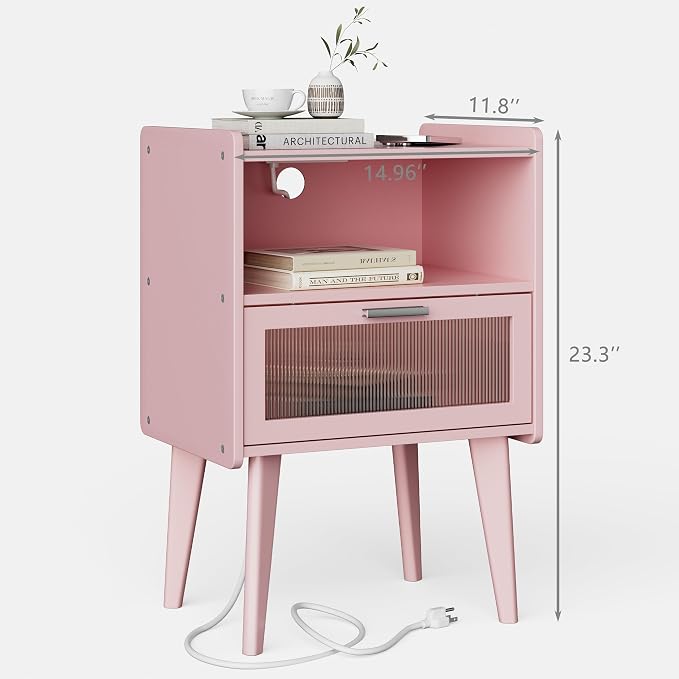 MMEOLUOOK Nightstand with Charging Station, Bedside Tables Pink End Table Side - Image 2