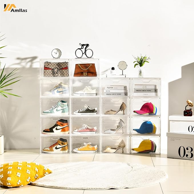 8 Pack Shoe Boxes Clear Plastic Stackable, Large Shoe Storage Organizer with Lids,Drop Side Shoe Containers for Entryway,Sneaker Storage Fit up to US Size 13 (13’’x 10.6”x 8.3”)