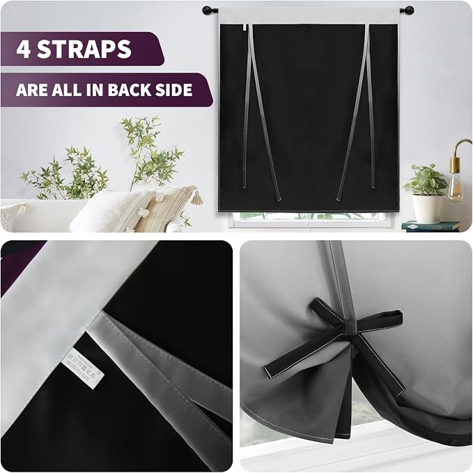 COSVIYA 100% Blackout Ombre Black Adjustable Tie Up Curtains - Image 6