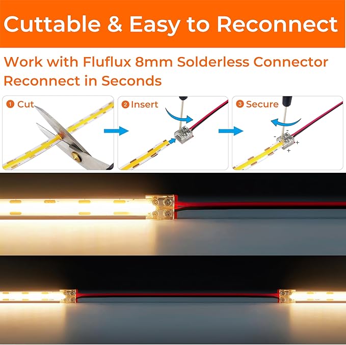 3500K COB LED Strip Lights, Premium Tape Light with Strong 3M VHB Tape, CRI 95, UL Listed, Cuttable, Dimmable, Flexible, 24V DC for Retail Stores, Displays, Windows (NO Power Supply)