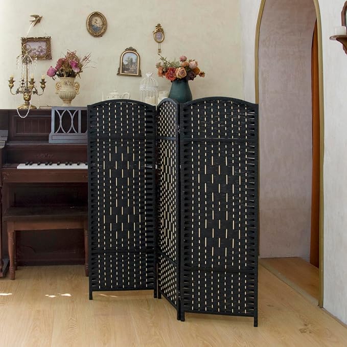 Compact 3 Panel Short Room Divider, 47.2 Inch Tall Double-Sided Rattan Folding - Image 4