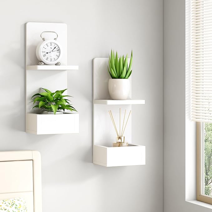 2-Tier White Floating Wall Shelf, Bedroom Storage - Image 4