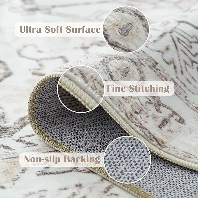 jinchan Lima 6x9 Area Rug for Living Room Washable Soft Throw Rug Ultra-Thin Stain Resistant Non-Slip Distressed Vintage Floral Large Carpet for Bedroom Dining Room Home Office Nursery (6x9ft, Grey)