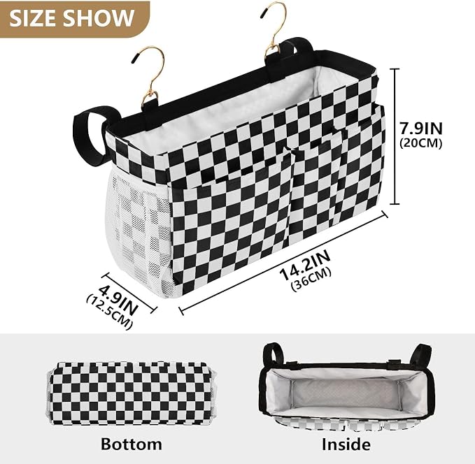 Black White Checkerboard Print Bedside Caddy Storage Bag Bedside Organizer - Image 4