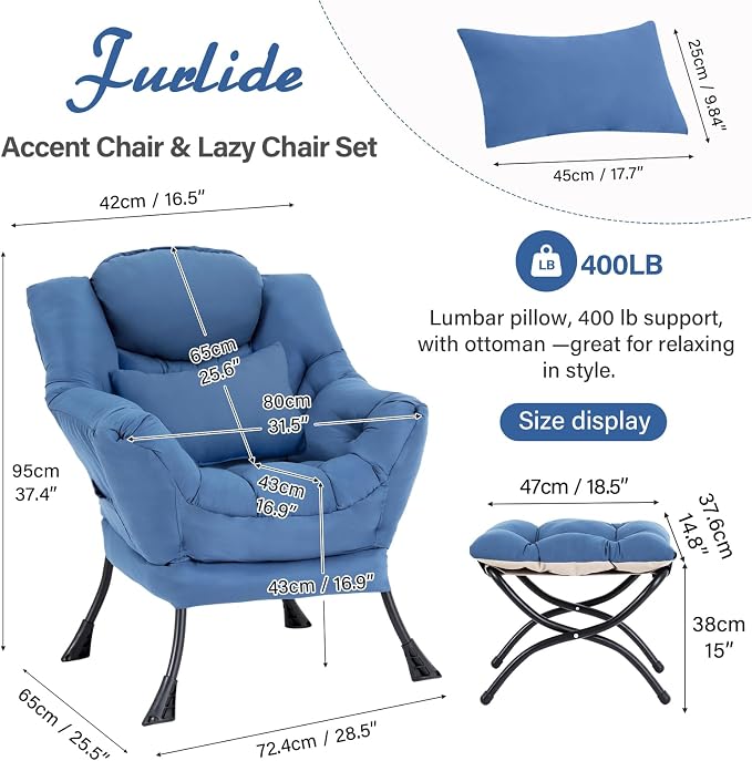 Furlide Lazy Chair with Ottoman, Modern Lounge Chair with Lumbar Pillow - Image 2