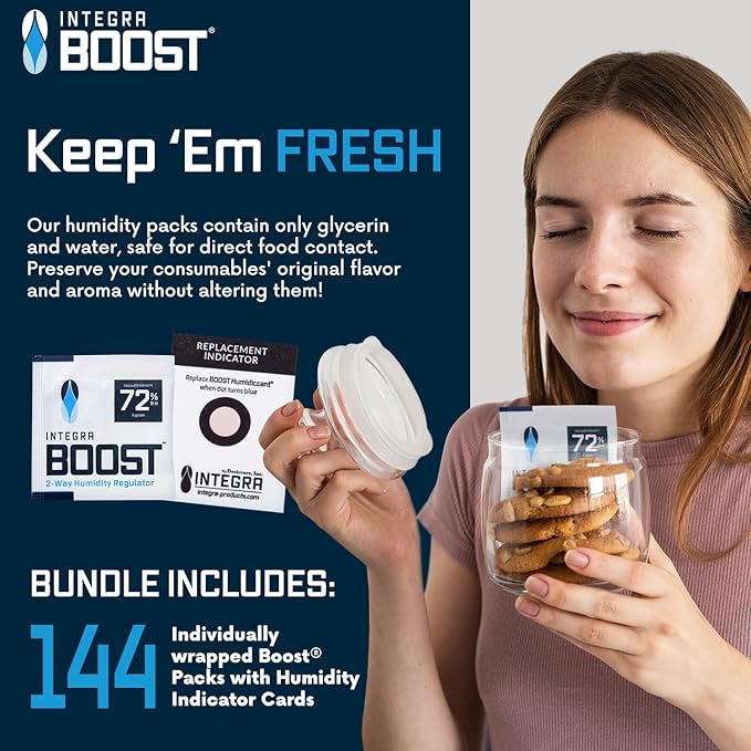 Integra Boost 2-Way Humidity Control Pack - Preserve Flavor & Control Humidity at 72% RH - Moisture Absorber for Herbs, Spices & More - 8 Gram (Pack of 144 in Retail Display)